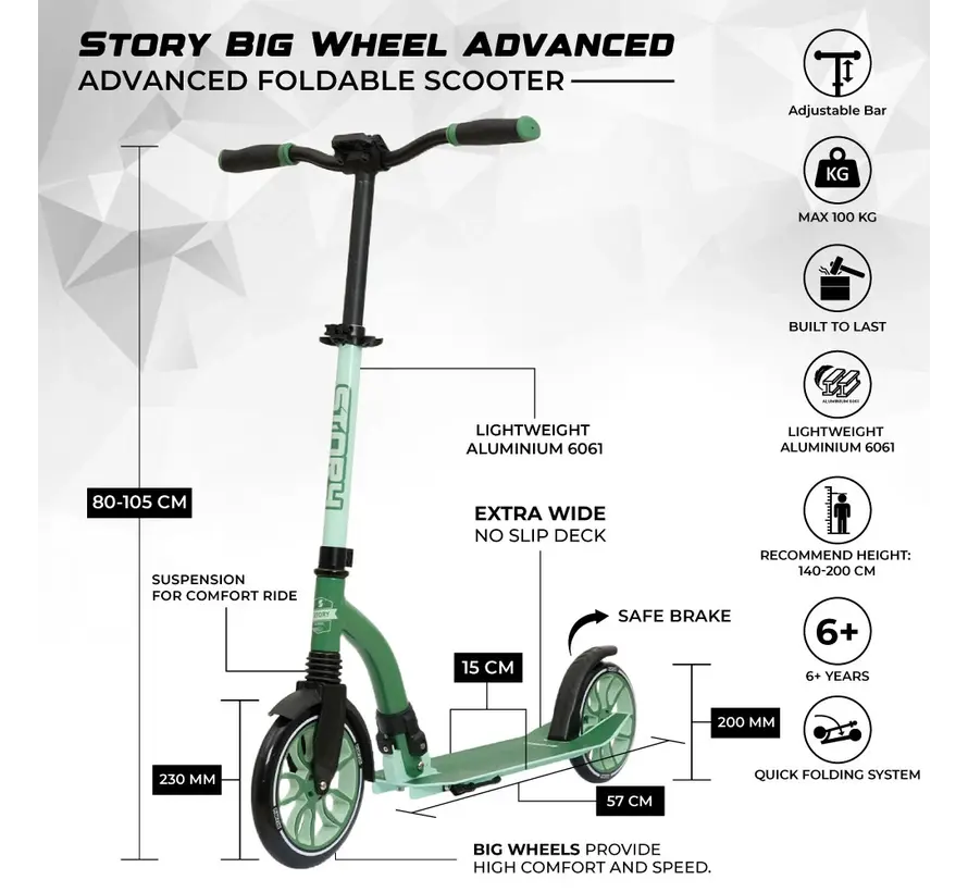 Story Big Wheel Advanced Faltroller, Grün, 105 cm – Komfortabel und stilvoll unterwegs