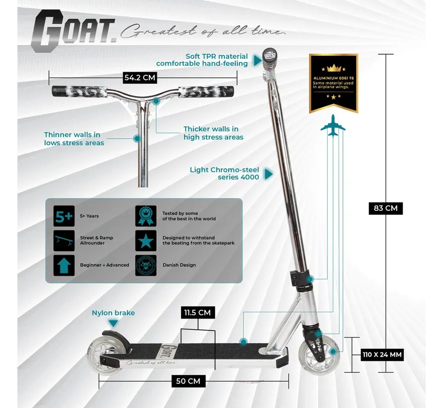 NKD GOAT Stunt Scooter Glänzendes Silber - Leichter Stunt-Scooter für Anfänger und Fortgeschrittene