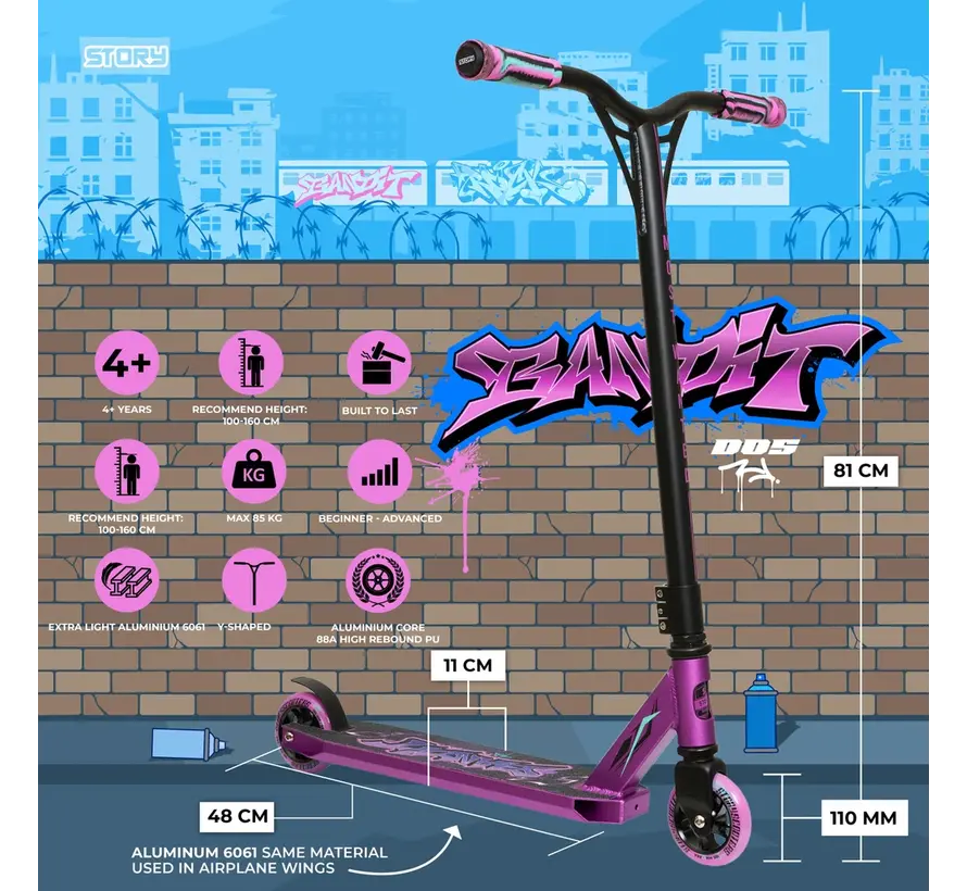 Story Stuntstep Bandit DOS Black / Purple 81cm - Robuuste stuntstep voor tricks