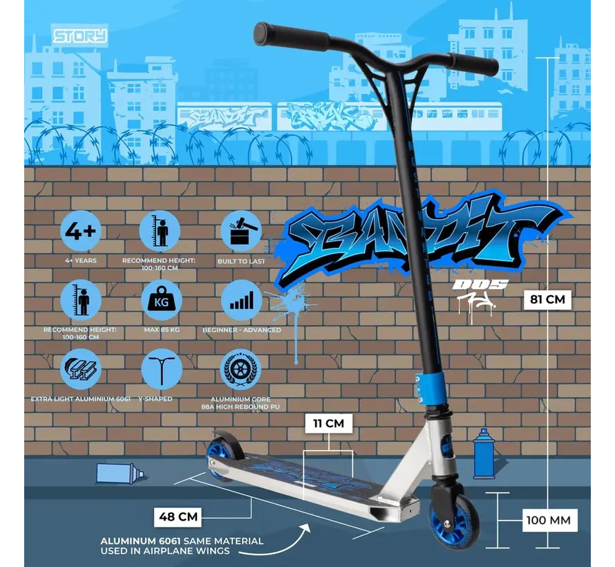 Story Stuntstep Bandit DOS Silver 81cm - Robust stunt scooter for tricks