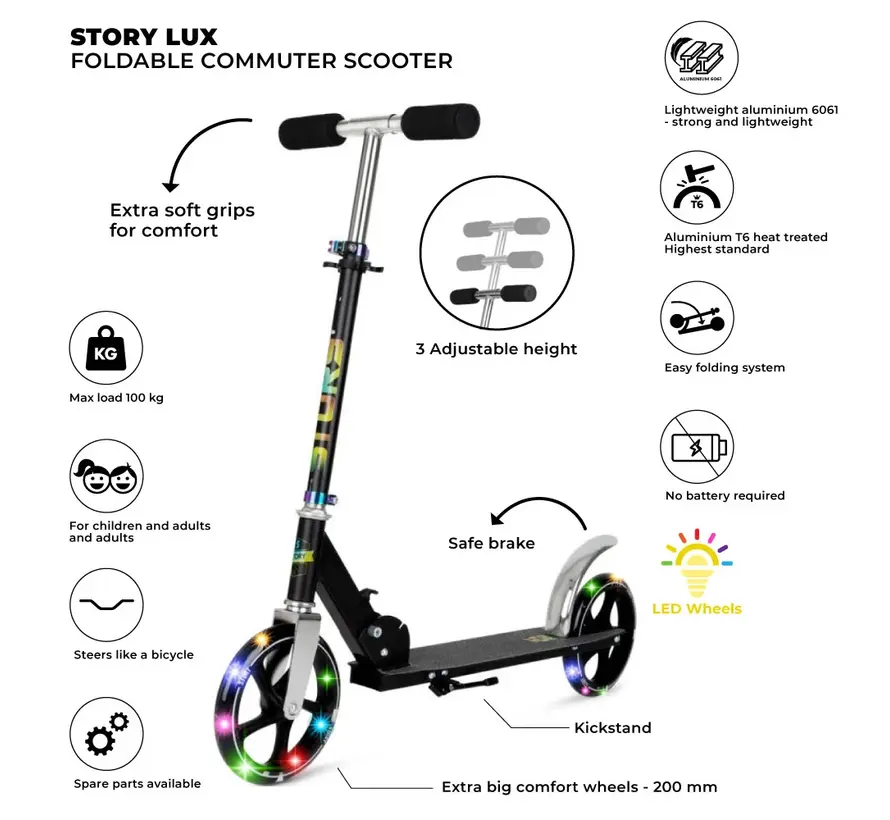 Trottinette électrique Story Lux noire/LED - Trottinette confortable avec guidon réglable et grandes roues