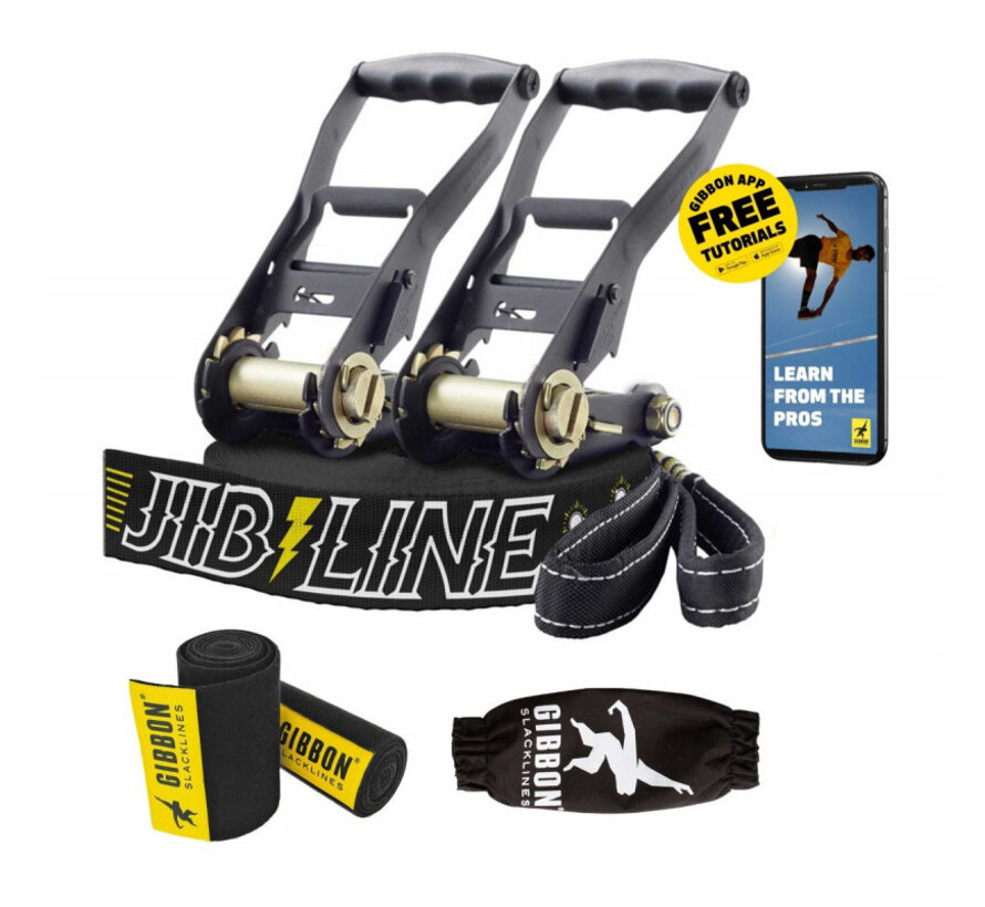 Ensemble de slackline Gibbon Jibline noir avec protection anti-arbre