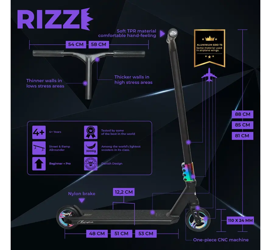 Monopattino stunt NKD Rizz - Leggero, resistente e completo per principianti e ciclisti avanzati - Ruote da 110 mm e pedana in alluminio 6061-T6