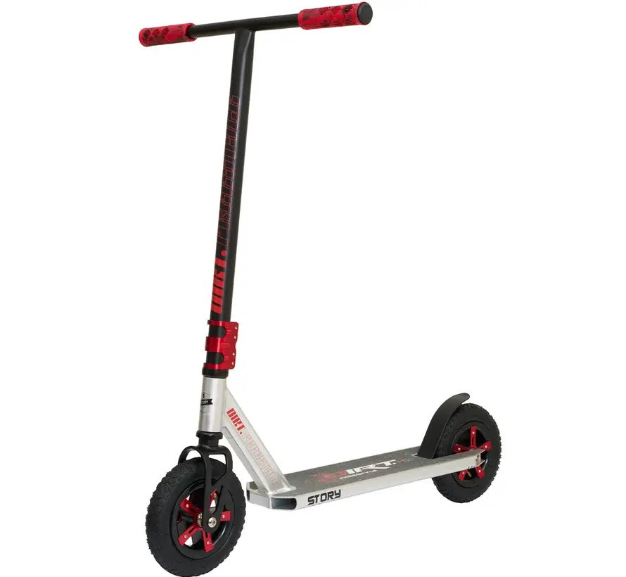 Patinete todoterreno Story Dirt Freestyle plateado/rojo: robusto patinete todoterreno con neumáticos y estructura de acero.