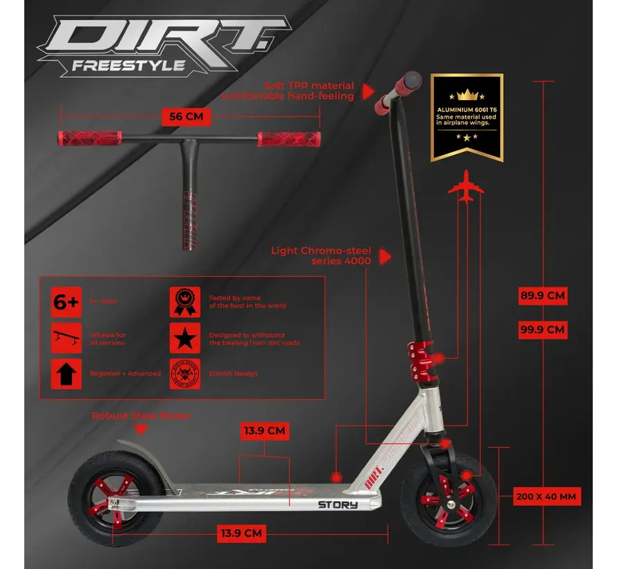 Story Dirt Freestyle Scooter Silber/Rot – Robuster Offroad-Stunt-Scooter mit Luftreifen und Stahlrahmen