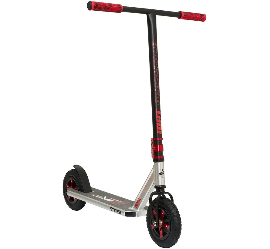 Patinete todoterreno Story Dirt Freestyle plateado/rojo: robusto patinete todoterreno con neumáticos y estructura de acero.