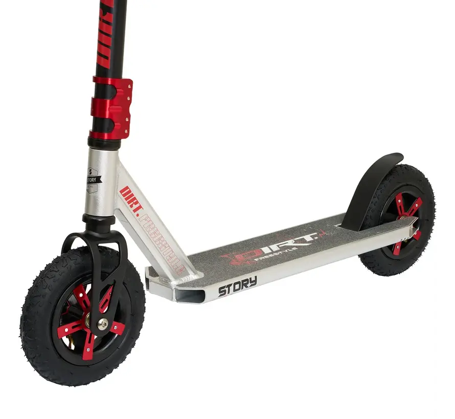 Story Dirt Freestyle Scooter Silver/Red – solidny terenowy skuter akrobacyjny z oponami pneumatycznymi i stalową ramą