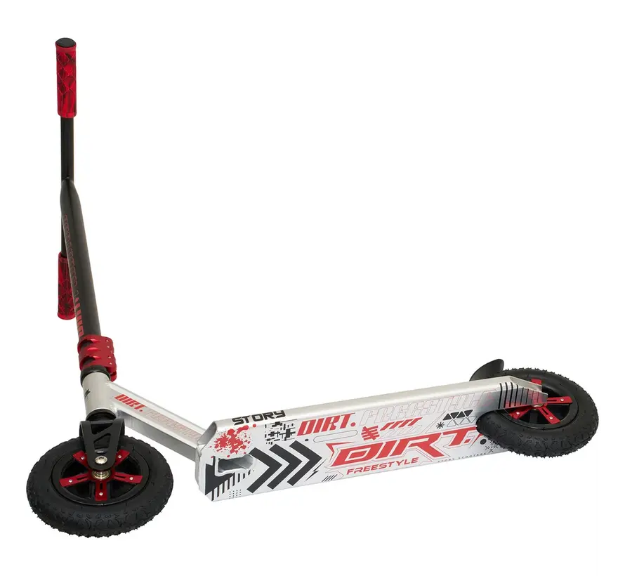 Story Dirt Freestyle Scooter Silver/Red – solidny terenowy skuter akrobacyjny z oponami pneumatycznymi i stalową ramą