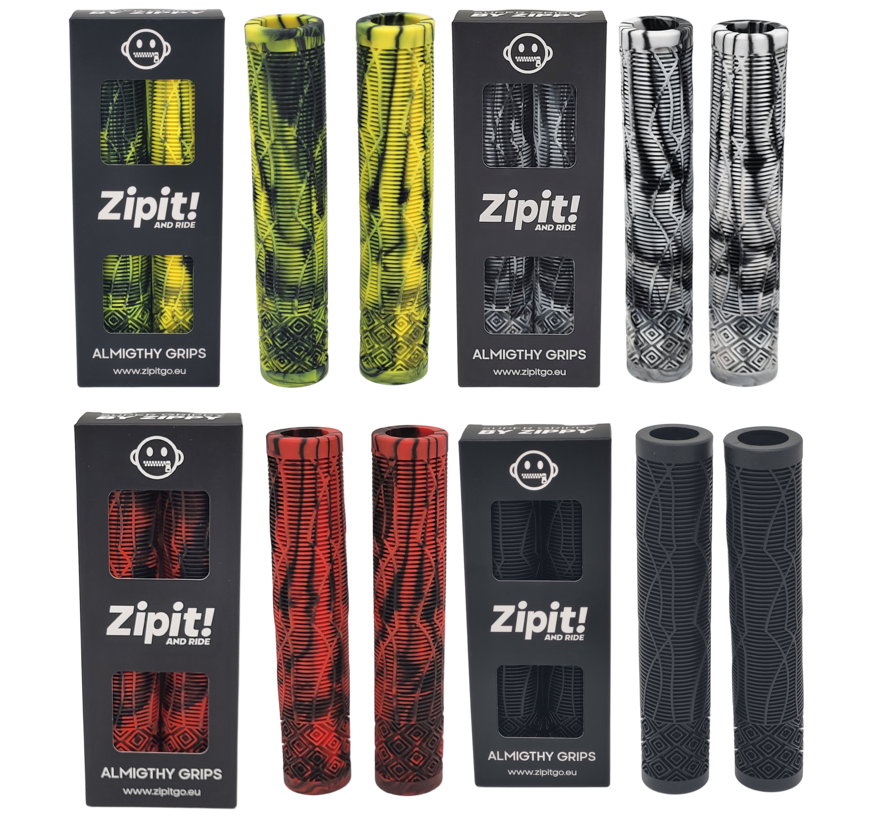 Poignées Zipit Almighty Grips 160 mm sans bride pour trottinette freestyle et BMX – Couleur unique et bicolore – Embouts de guidon inclus