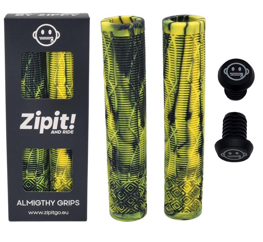 Poignées Zipit Almighty Grips 160 mm sans bride pour trottinette freestyle et BMX – Couleur unique et bicolore – Embouts de guidon inclus