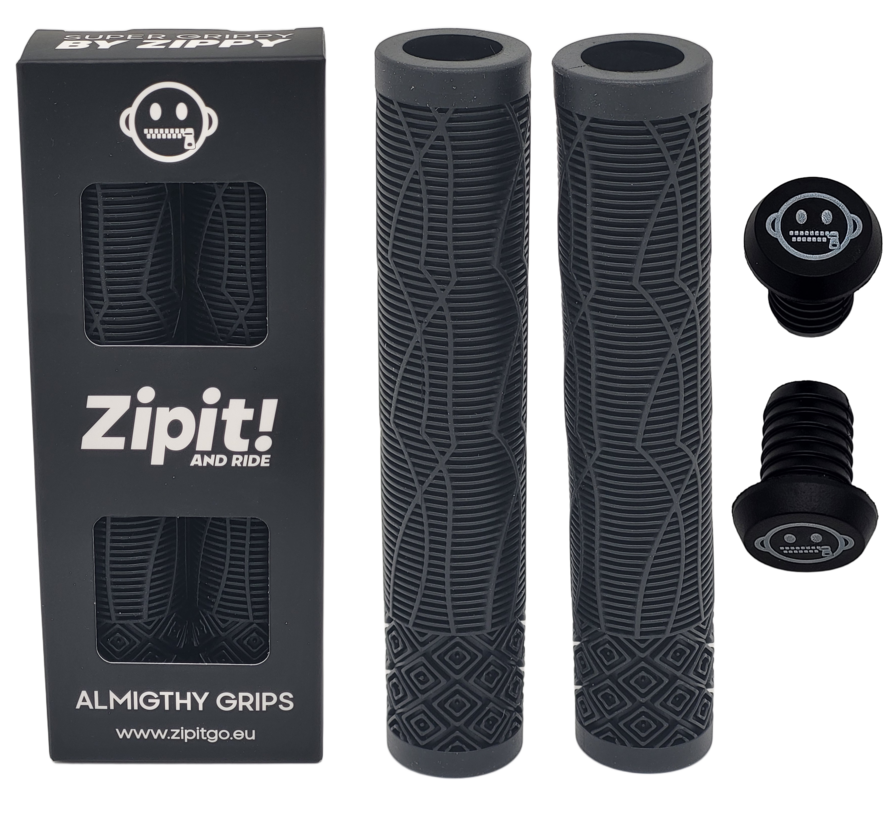 Manopole Zipit Almighty Grips da 160 mm senza flangia per monopattino acrobatico e BMX – Monocolore e bicolore – Con tappi terminali