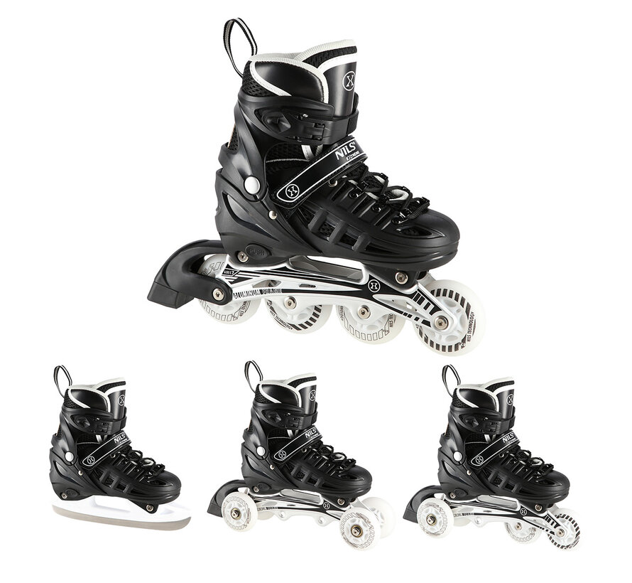 Patines en línea/hielo Nils Extreme 4 en 1 con LED negro (NH10905). Patines ajustables para calle y hielo.