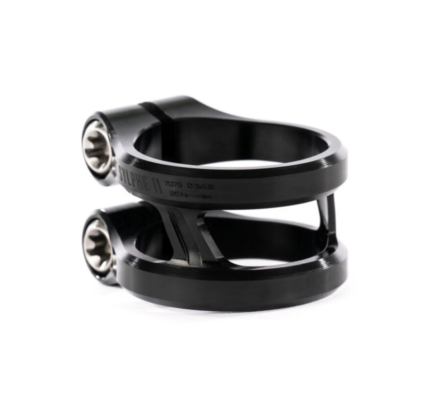 Morsetto per monopattino acrobatico Ethic Sylphe V2 da 34,9 mm, nero, doppio morsetto per un montaggio stabile sul manubrio.