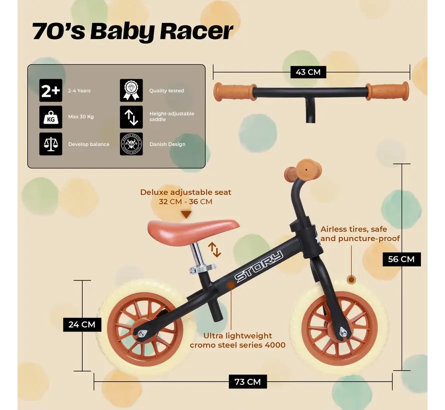 Bicicleta de equilibrio Story 70's Baby Racer: bicicleta de equilibrio retro para niños con diseño elegante, sillín ajustable y control de equilibrio óptimo.