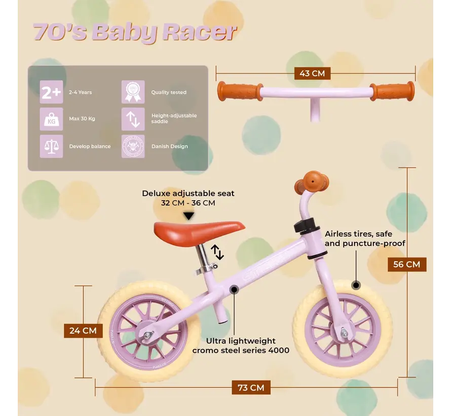 Bicicleta de equilibrio Story 70's Baby Racer: bicicleta de equilibrio retro para niños con diseño elegante, sillín ajustable y control de equilibrio óptimo.