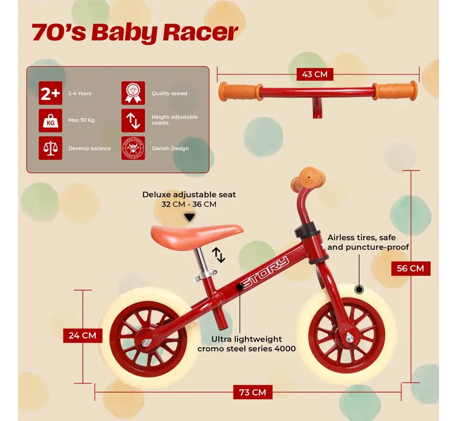 Bicicleta de equilibrio Story 70's Baby Racer: bicicleta de equilibrio retro para niños con diseño elegante, sillín ajustable y control de equilibrio óptimo.