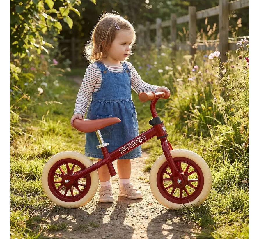 Bicicleta de equilibrio Story 70's Baby Racer: bicicleta de equilibrio retro para niños con diseño elegante, sillín ajustable y control de equilibrio óptimo.