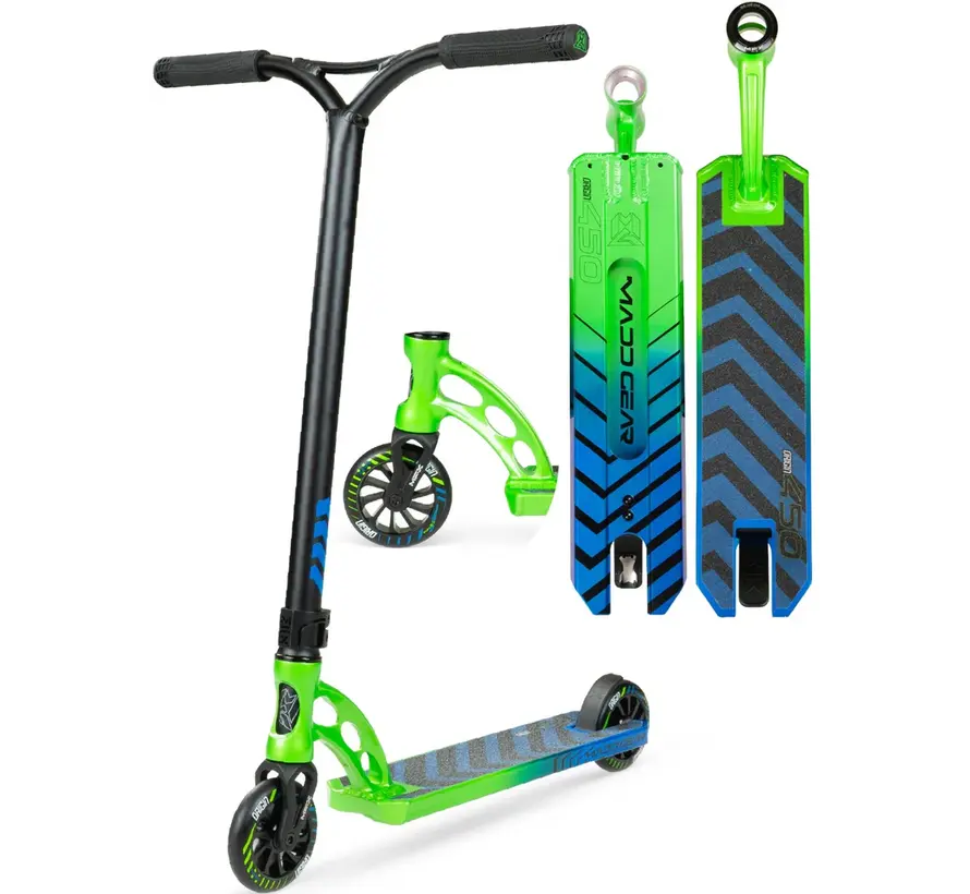Patinete acrobático MGP Origin 450: un patinete de estilo libre robusto con ruedas Turbine de 110 mm y una configuración duradera lista para el parque.
