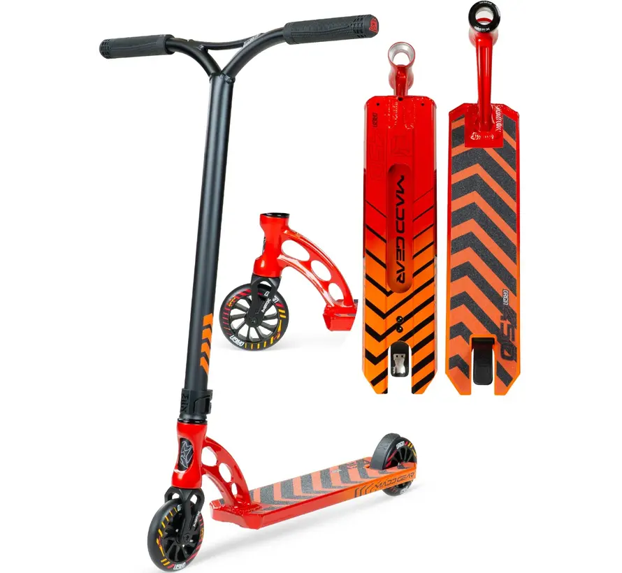 Patinete acrobático MGP Origin 450: un patinete de estilo libre robusto con ruedas Turbine de 110 mm y una configuración duradera lista para el parque.
