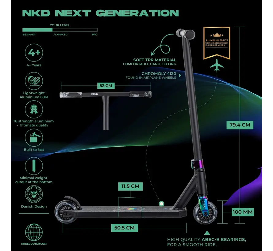 Monopattino acrobatico NKD Next Generation nero/arcobaleno con barra a T