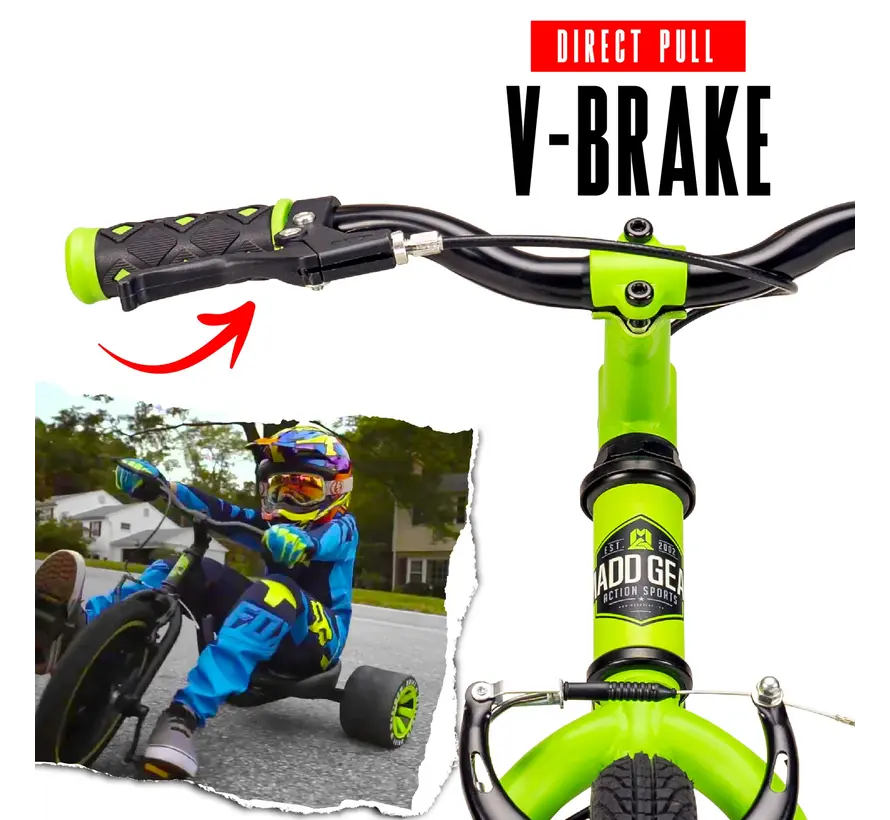 Tricycle de drift MGP vert pour enfants, avec roues arrière libres et cadre en acier robuste pour des glissades ultimes.