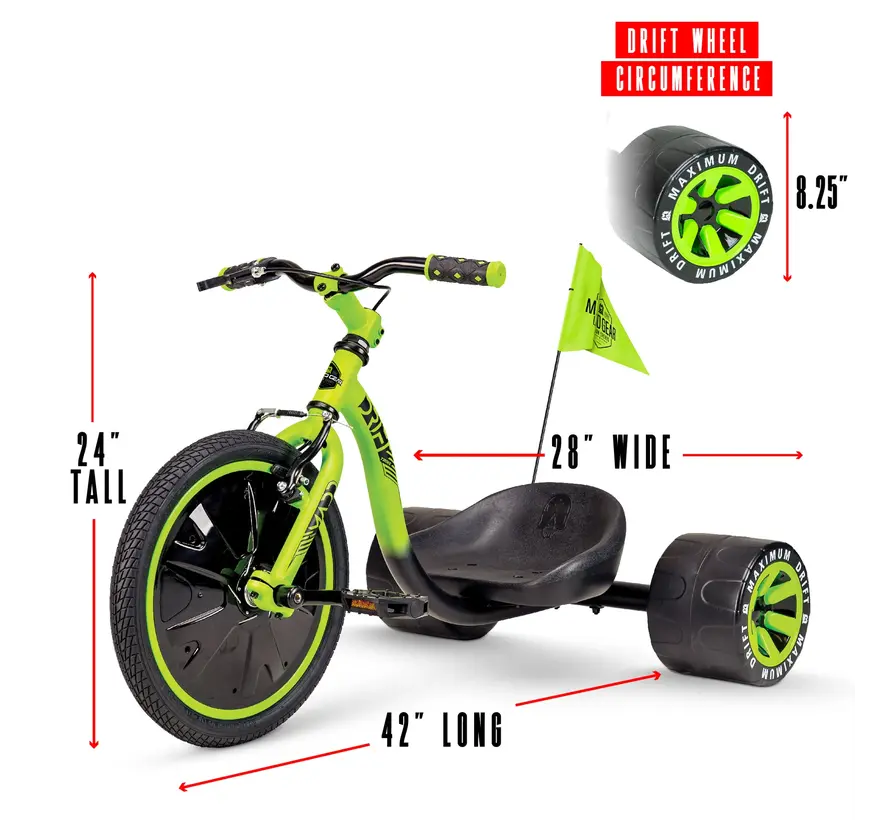 Tricycle de drift MGP vert pour enfants, avec roues arrière libres et cadre en acier robuste pour des glissades ultimes.