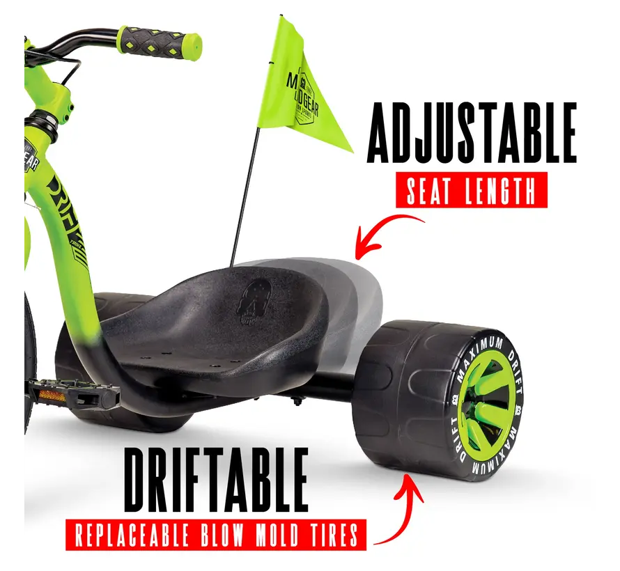 Triciclo MGP Drift verde para niños con ruedas traseras de giro libre y robusto cuadro de acero para derrapes espectaculares.