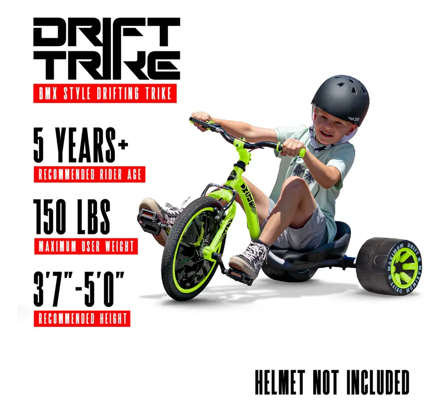 Tricycle de drift MGP vert pour enfants, avec roues arrière libres et cadre en acier robuste pour des glissades ultimes.