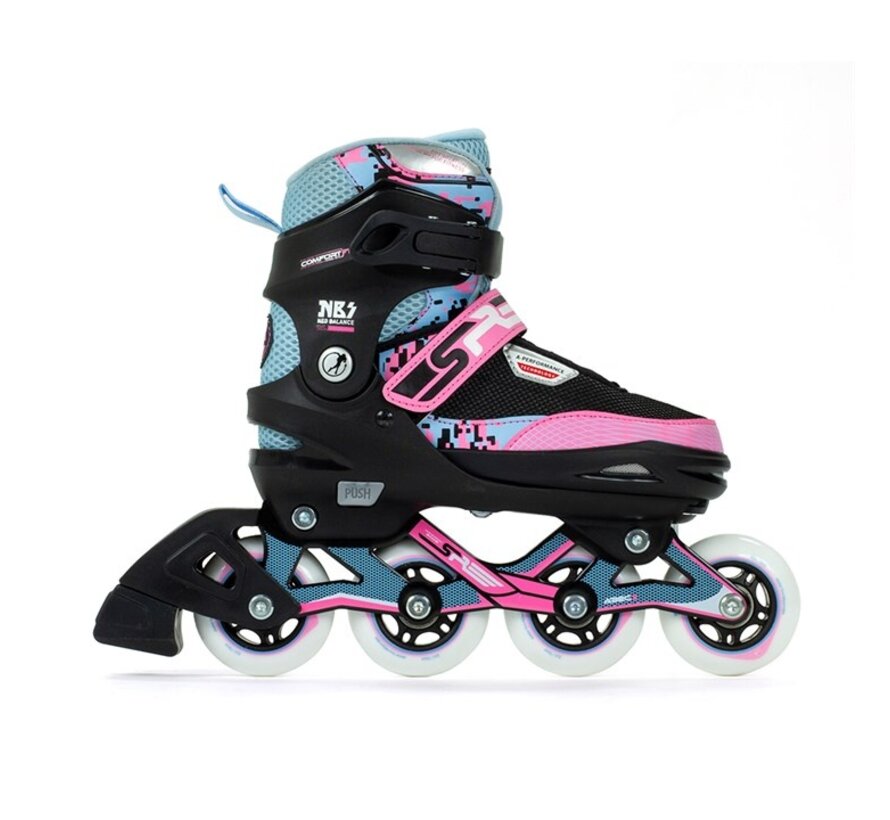 Patines en línea ajustables SFR Pixel: cómodos patines para niños con longitud y anchura ajustables.