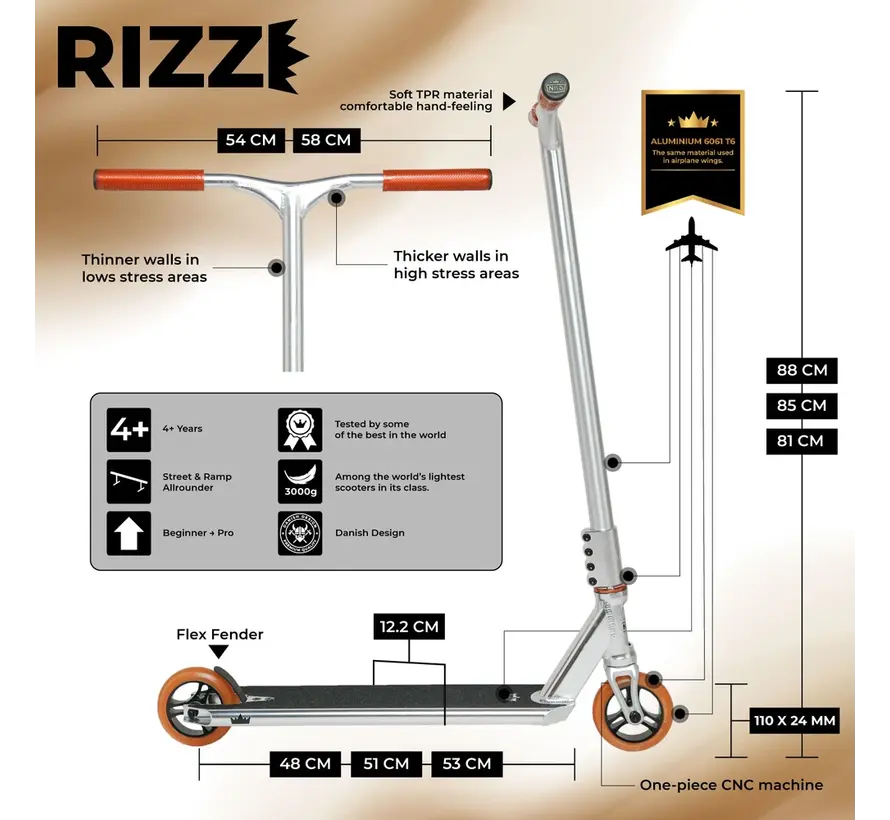 NKD Rizz Stunt-Scooter – Leicht, robust und komplett für Anfänger und Fortgeschrittene – 110-mm-Räder und Aluminium-Deck (6061-T6).