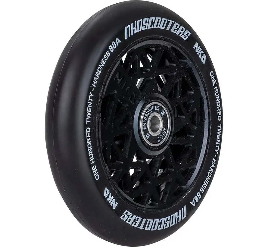 Ruota per monopattino acrobatico NKD Black Widow 120 mm – Nero / Alluminio a nucleo cavo nero