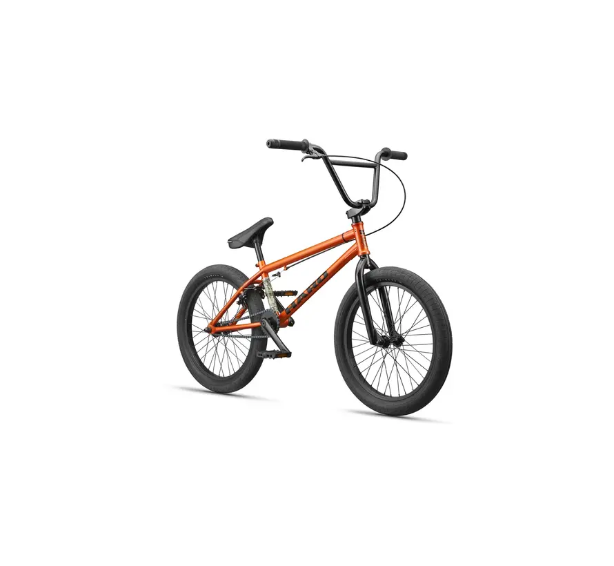 Bicicleta BMX Haro Downtown 20 color naranja brillante cobrizo, ideal para principiantes, con cuadro resistente de acero de alta resistencia y ruedas de 20 pulgadas.
