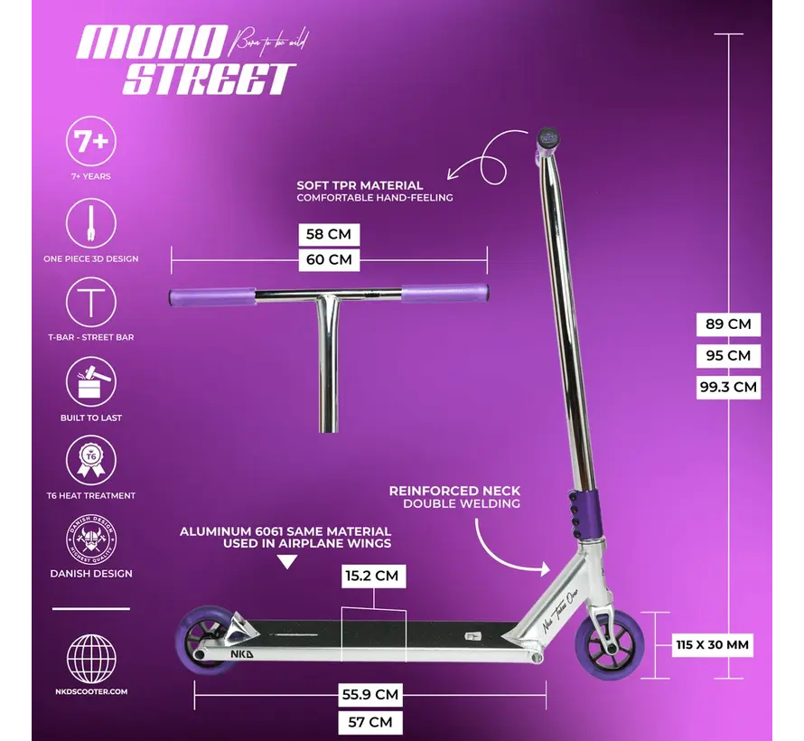 Patinete acrobático NKD Mono Raw / Morado 89 / 95 / 99,3 cm