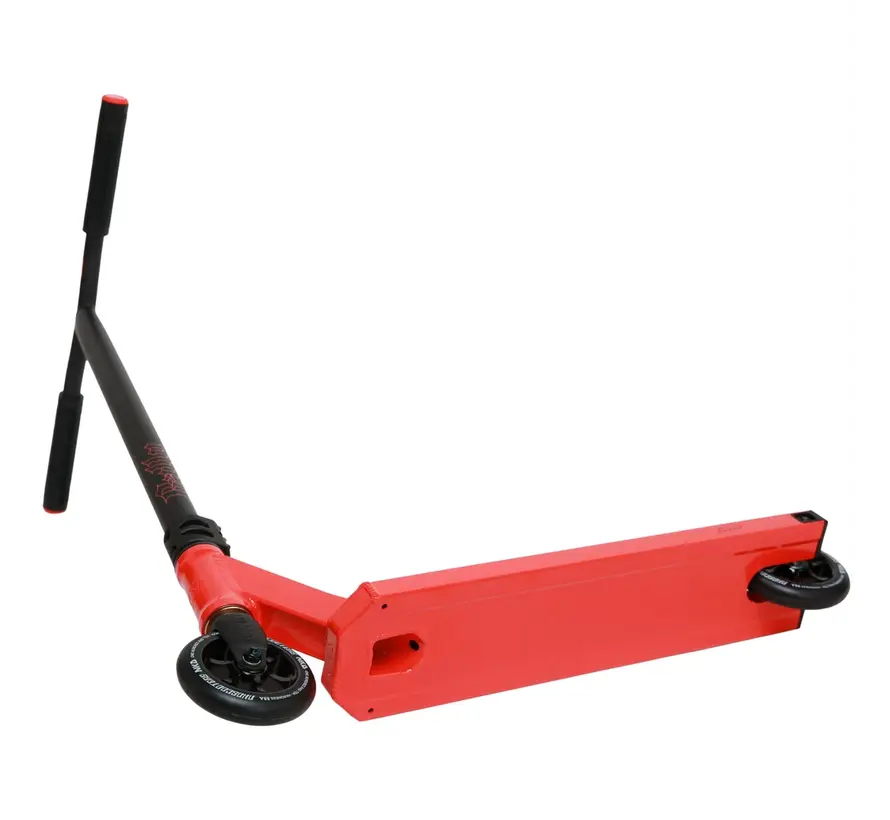 Patinete acrobático NKD Rally rojo, patinete acrobático freestyle con ruedas de núcleo de aluminio HIC Compression de 110 mm y altura total de 85 cm.