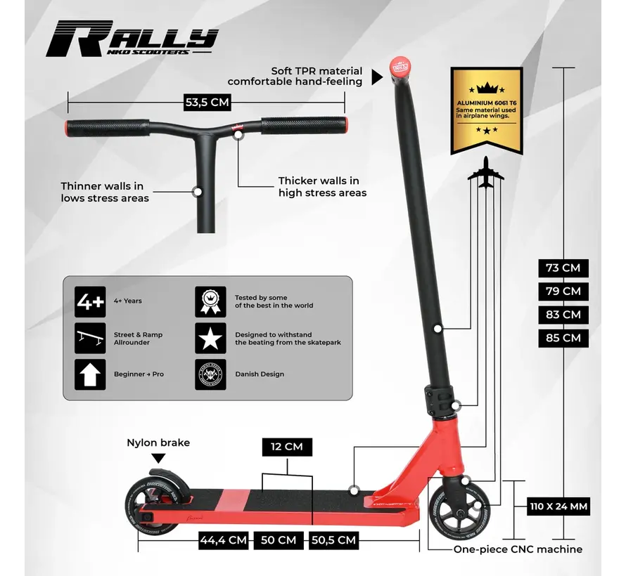 NKD Rally Stuntstep Red Freestyle Stuntstep met HIC Compression 110mm Aluminium Core Wielen en 85cm Totale Hoogte