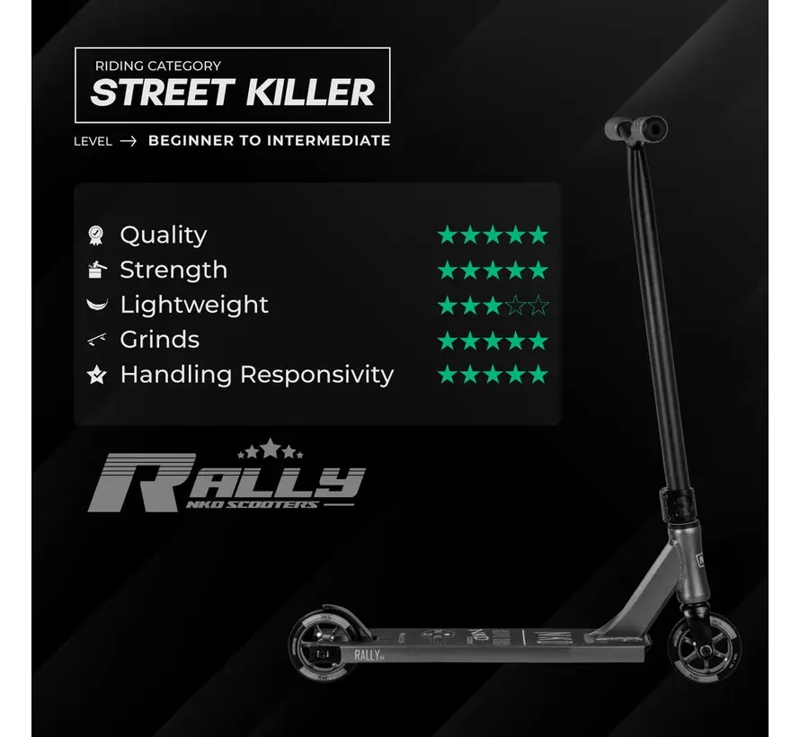 NKD Rally Stunt Scooter, roter Freestyle-Stunt-Scooter mit HIC-Kompressions-110-mm-Aluminiumkernrädern und 85 cm Gesamthöhe