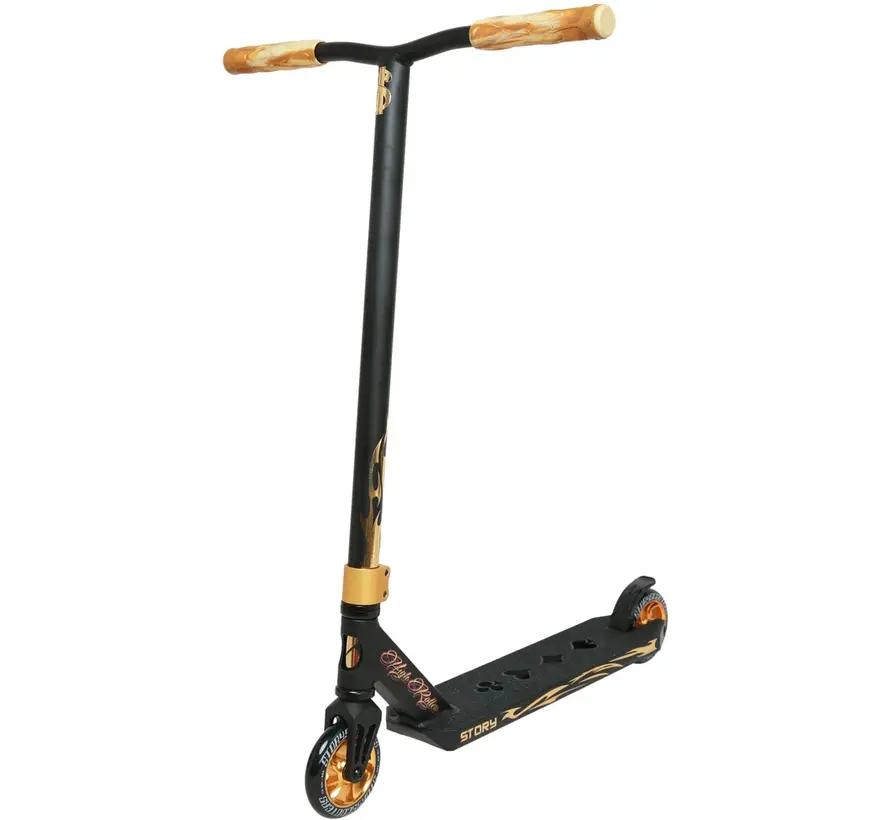 Patinete acrobático Story High Roller Air Stunt Scooter Black Gold, patinete acrobático profesional con ruedas grandes y configuración robusta para la calle.