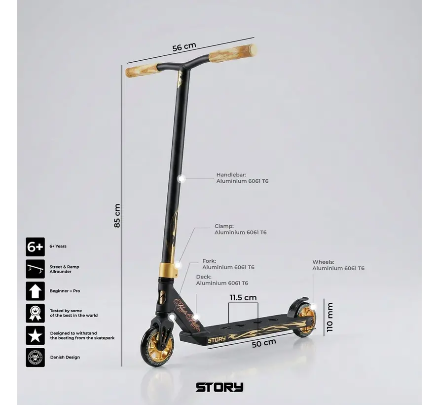 Patinete acrobático Story High Roller Air Stunt Scooter Black Gold, patinete acrobático profesional con ruedas grandes y configuración robusta para la calle.
