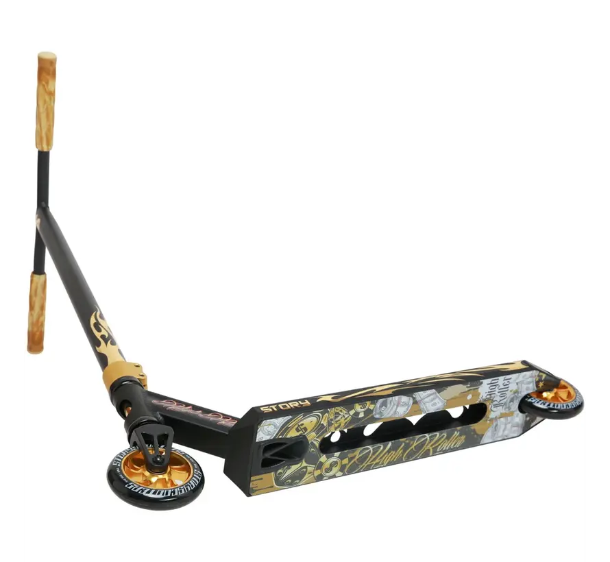 Story High Roller Air Stunt Scooter Black Gold Professioneller Stunt-Scooter mit großen Rädern und robustem Street-Setup