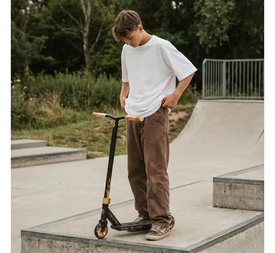 Story High Roller Air Stuntstep Black Gold Professionele Stuntstep met Grote Wielen en Sterke Street Setup
