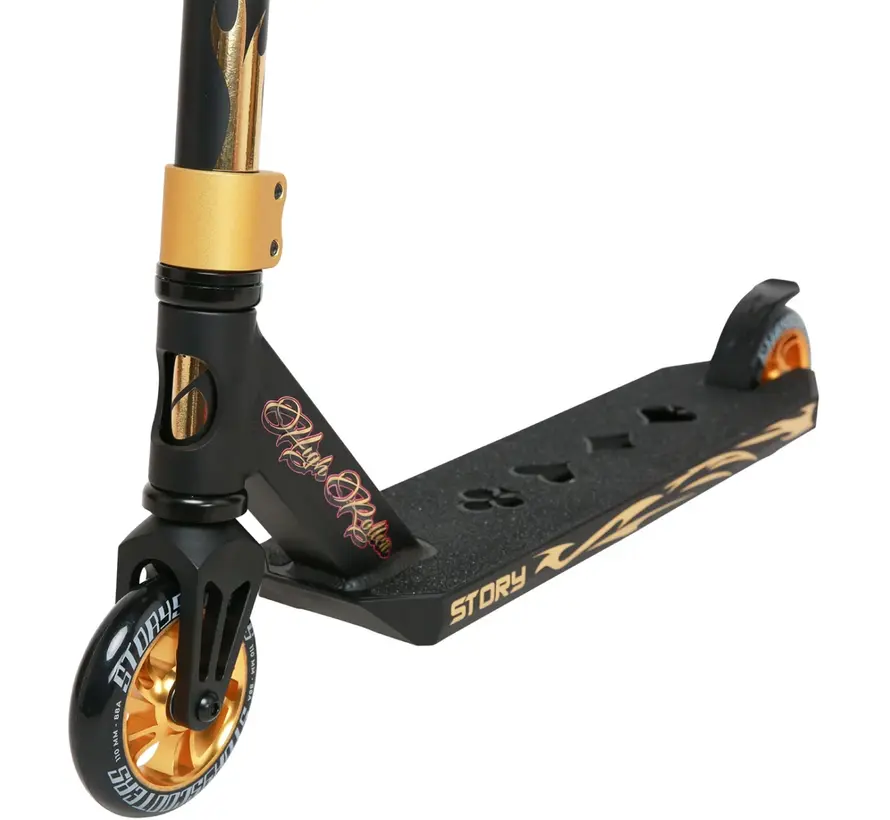 Story High Roller Air Stuntstep Black Gold Professionele Stuntstep met Grote Wielen en Sterke Street Setup