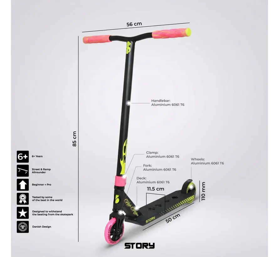 Patinete acrobático Story High Roller Air Stunt Scooter Green Mix, patinete acrobático profesional de estilo libre con ruedas grandes y robusto conjunto para parques y calles.