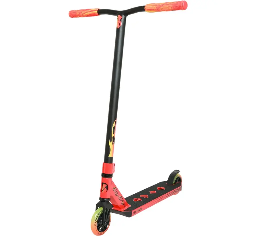 Patinete acrobático High Roller Air Stunt Scooter rojo, patinete acrobático profesional de estilo libre con ruedas grandes y configuración robusta para parques y calles.