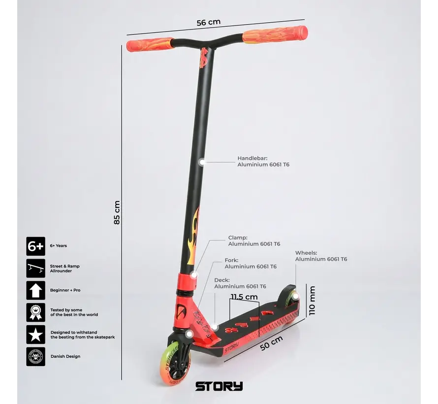 Story High Roller Air Stunt Scooter Red Profesjonalna hulajnoga akrobatyczna do freestyle'u z dużymi kołami i solidną konstrukcją Park Street
