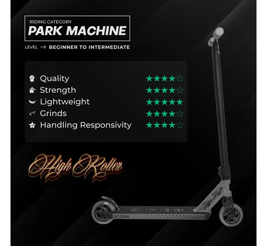 Story High Roller Air Stunt Scooter Red Profesjonalna hulajnoga akrobatyczna do freestyle'u z dużymi kołami i solidną konstrukcją Park Street
