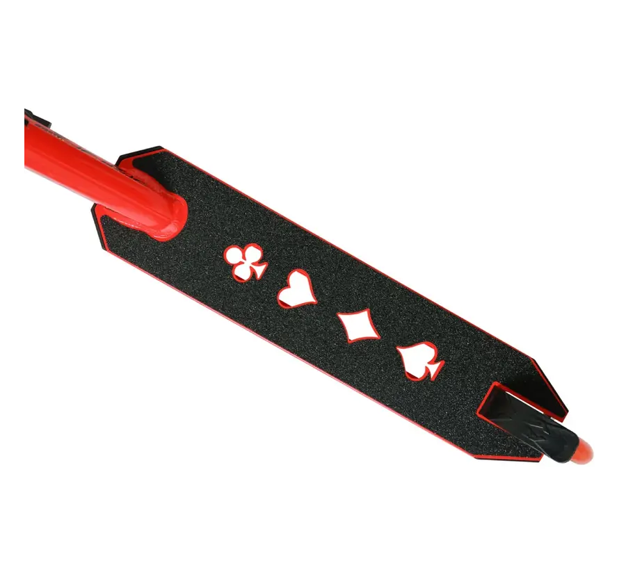 Patinete acrobático High Roller Air Stunt Scooter rojo, patinete acrobático profesional de estilo libre con ruedas grandes y configuración robusta para parques y calles.