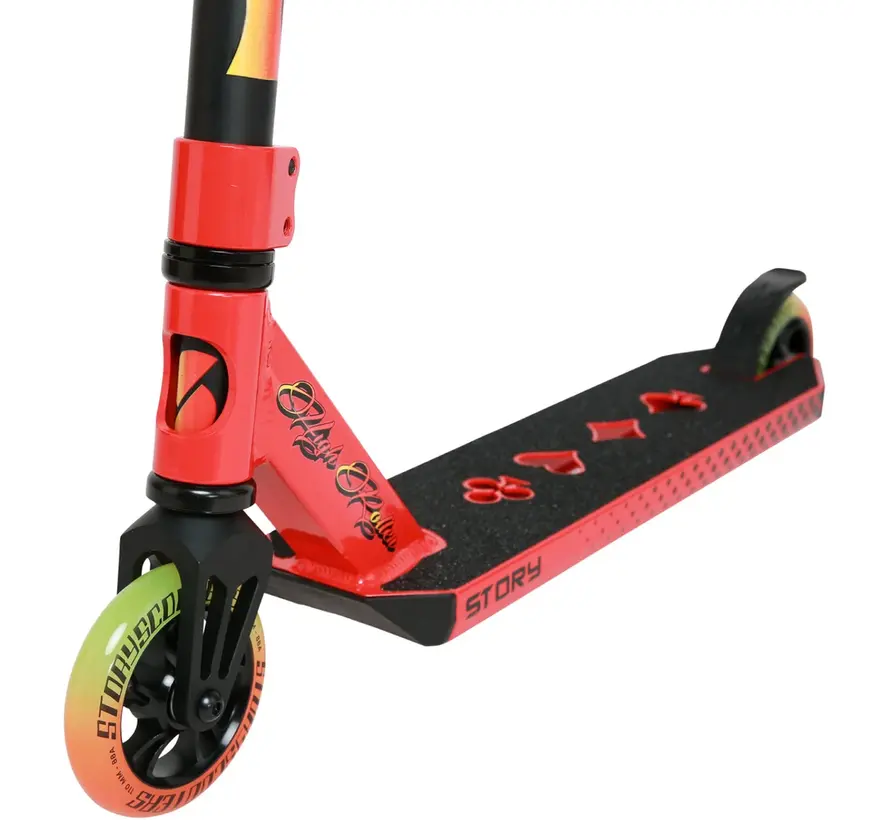 Trottinette freestyle Story High Roller Air rouge professionnelle avec grandes roues et configuration robuste pour le Park Street