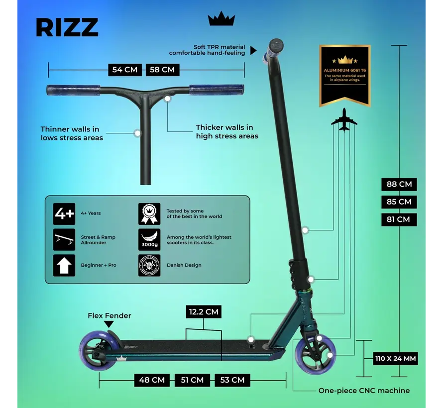NKD Rizz Stunt Scooter Schwarz-Lila Leichter Freestyle-Stunt-Scooter für Park- und Straßenfahrten mit wendigem Setup