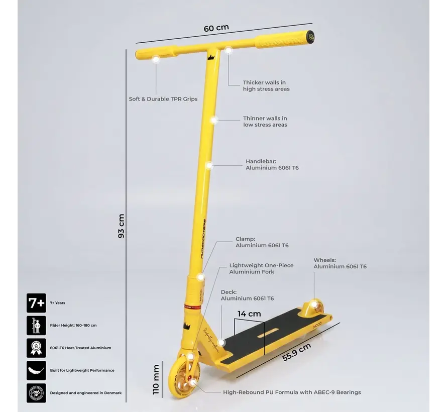 NKD Mood Stunt Scooter Yellow Lightweight Freestyle Stunt Scooter for Park and Street Riding with Smooth Handling