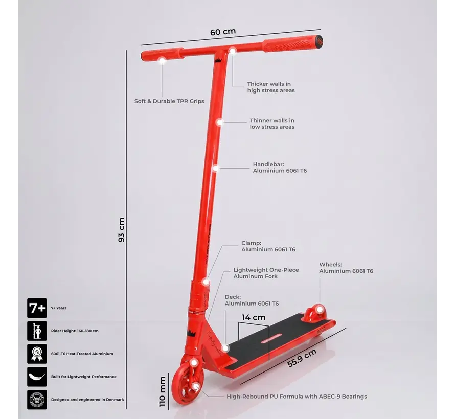 Trottinette freestyle NKD Mood rouge, légère et acrobatique, avec compression HIC et roues de 110 mm, idéale pour le park et la rue.